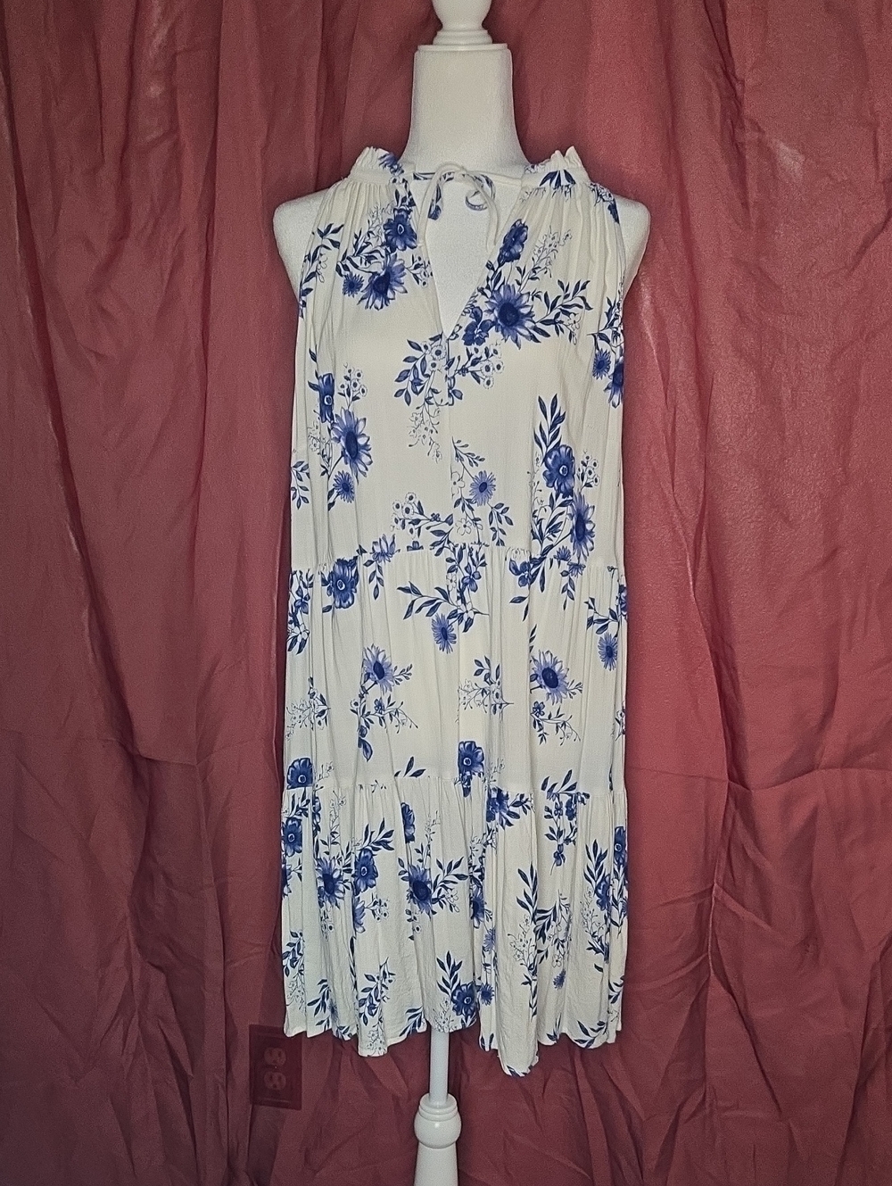 torrid White Midi Dress with Blue Floral Print and Tie Neckline